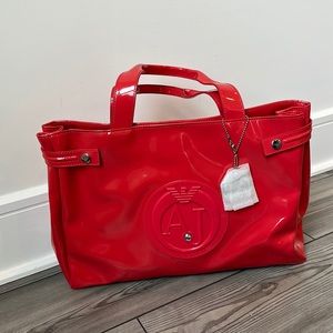 NWOT Armani Jeans bright coral red patent tote handbag